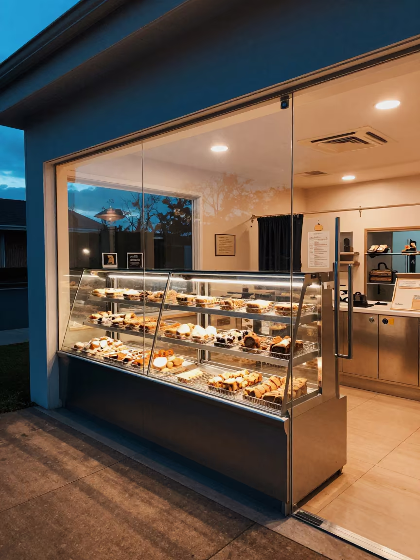 Pet Bakery Display Under Evening Storefront Light in at a self-serve dog wash station near Musoma