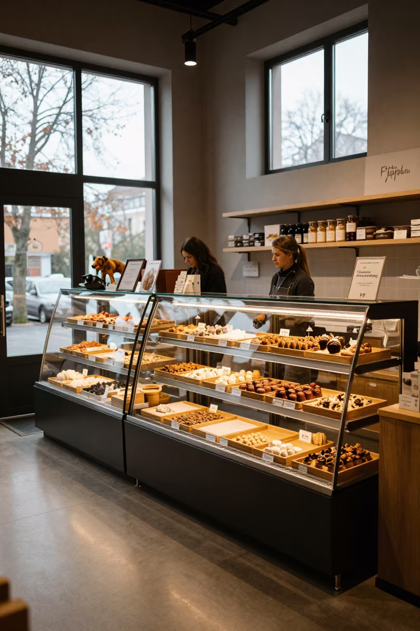 Pet Bakery Display Late Morning Freiburg Store in inside a pet store aisle in Freiburg
