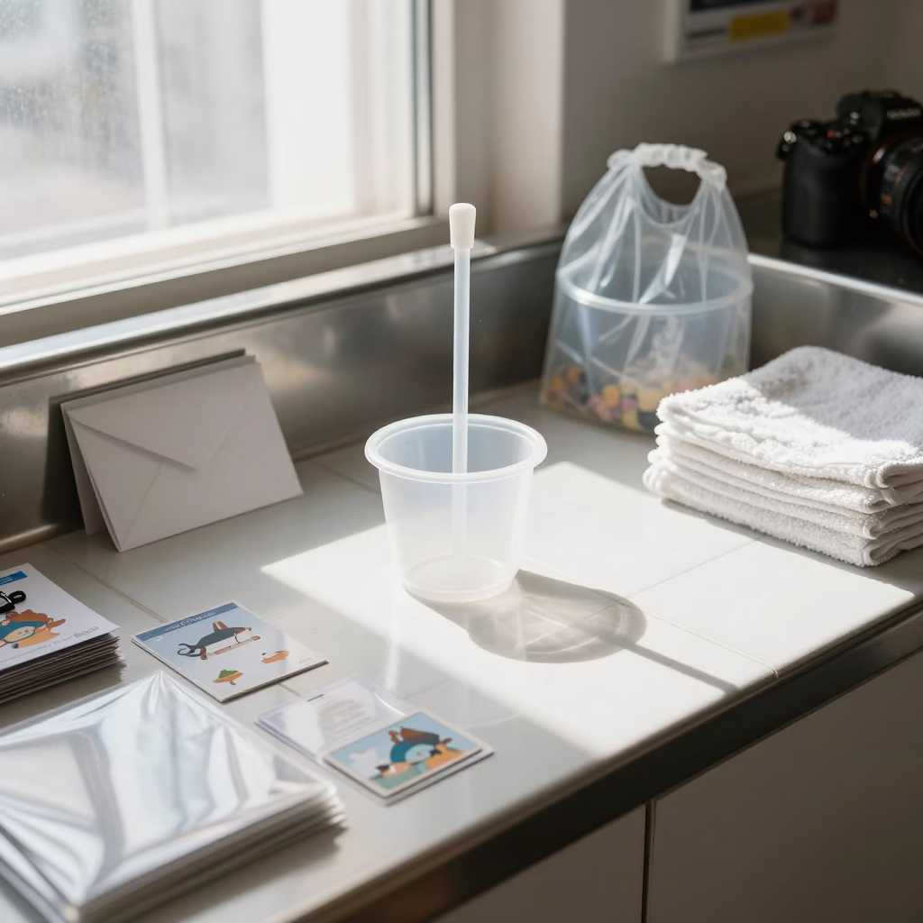Pet Event Canopy Stake Cup on Prep Room Counter in inside a fish bagging counter zone near Palermo