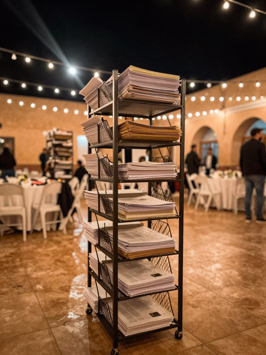 Pet Fee Folio Rack in Mohammedia Banquet Hall in inside a banquet hall before service in Mohammedia