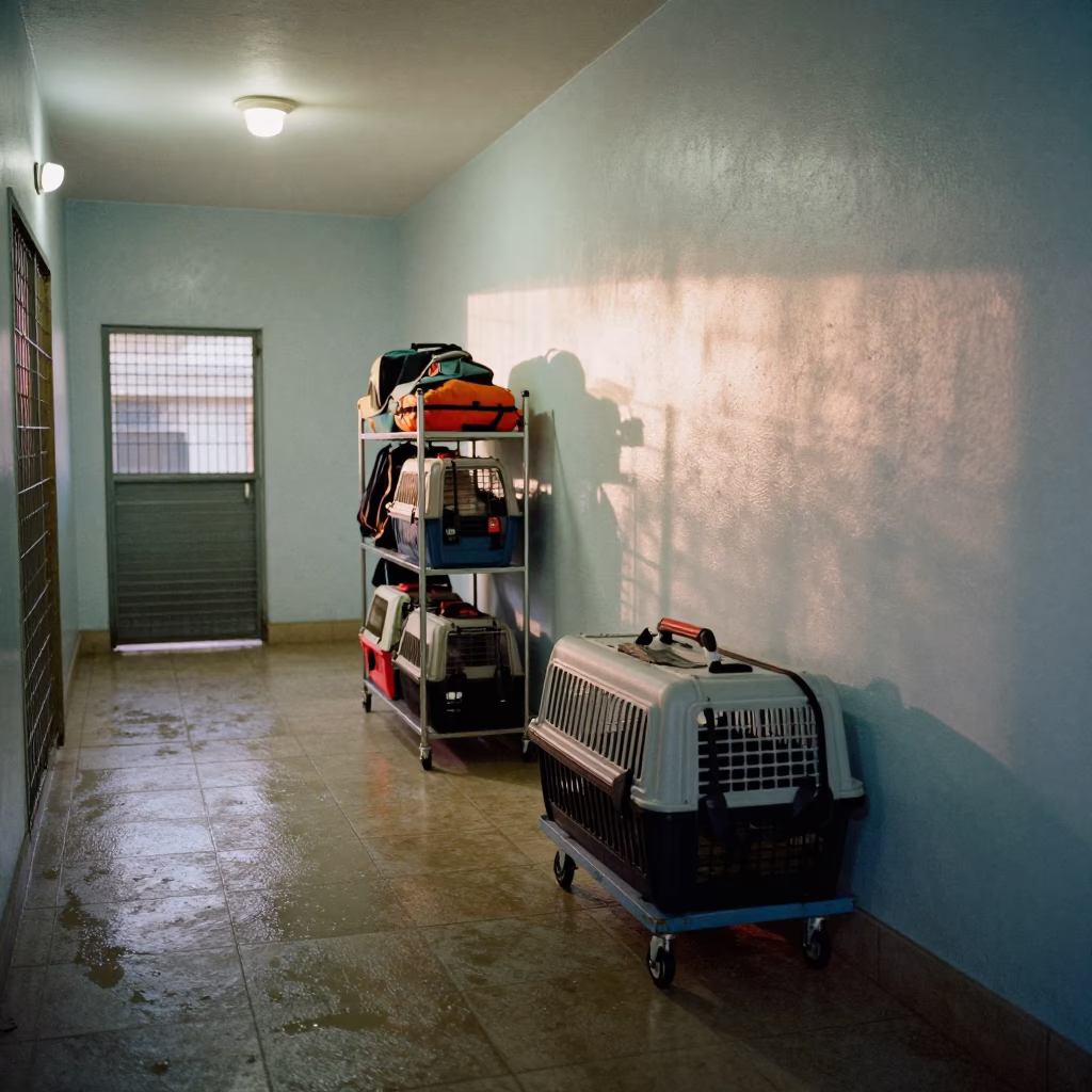 Pet Gear Rack in Ile Ife Kennel Dawn in in a boarding kennel corridor in Ile Ife
