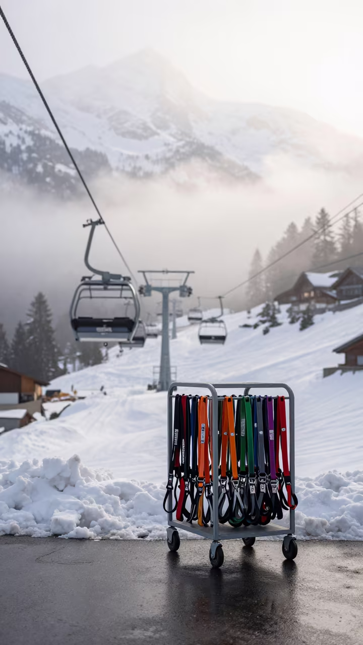 Pet Gondola and Leash Hooks Near Interlaken Chairlift in beneath a chairlift on a snow-packed run near Interlaken