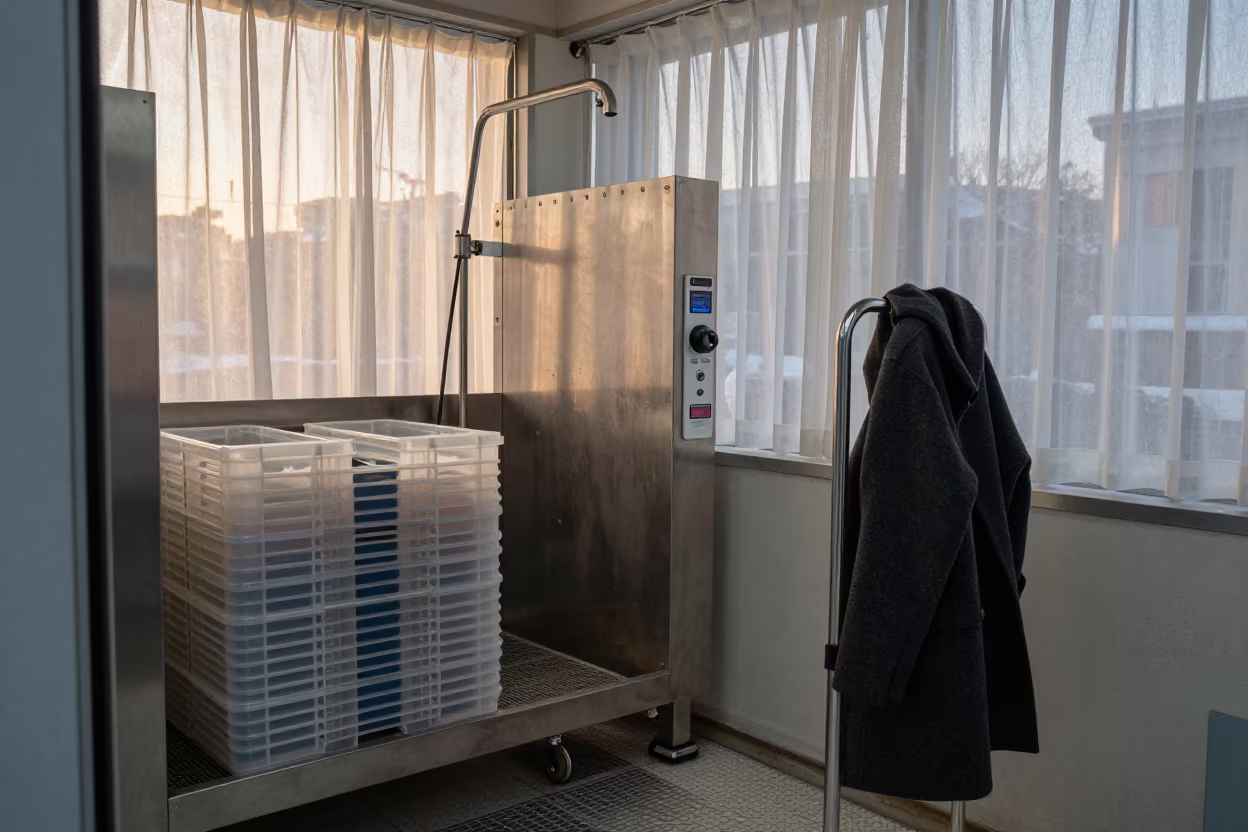 Pet Hotel Laundry Cart at Dawn in Daegu in at a self-serve dog wash station in Daegu