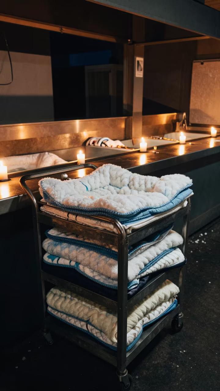 Pet Hotel Laundry Cart in Essen Night in inside a fish bagging counter zone in Essen