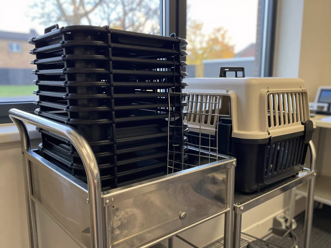 Pet Hotel Laundry Cart Near Carrier Stack in inside an adoption room in London