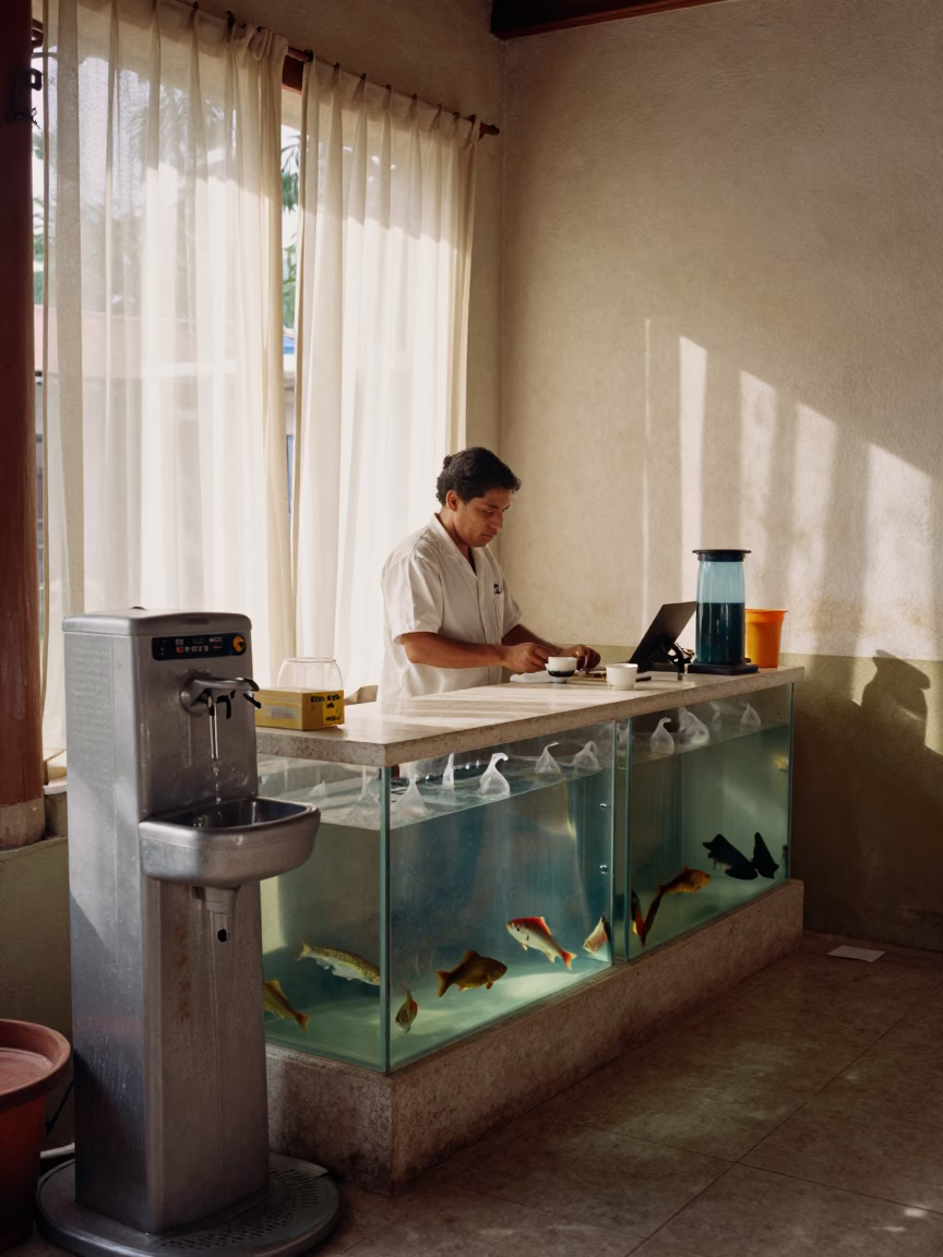 Pet Hydration Fountain at Fish Bagging Counter in inside a fish bagging counter zone in Puerto Vallarta