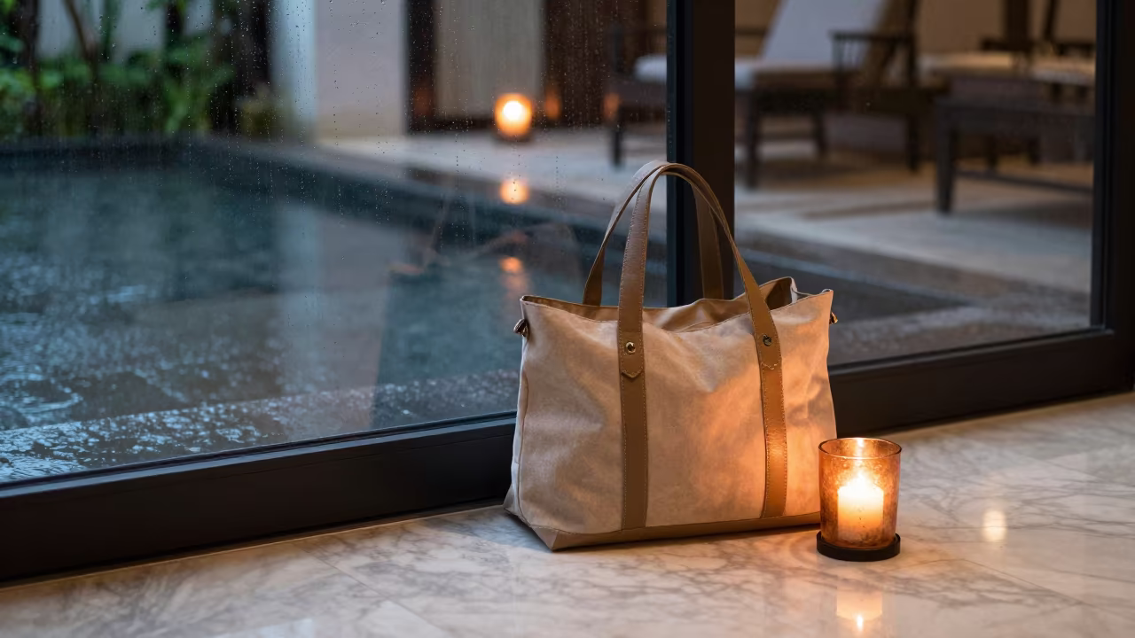 Pet Kit Tote in Bali Hotel Lobby in inside a hotel lobby near Denpasar