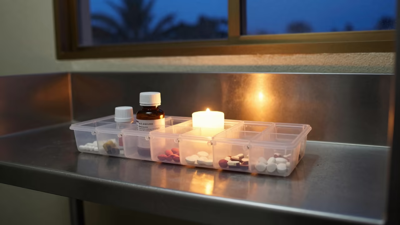 Pet Medication Organizer at Dog Wash Station in at a self-serve dog wash station near Nacala