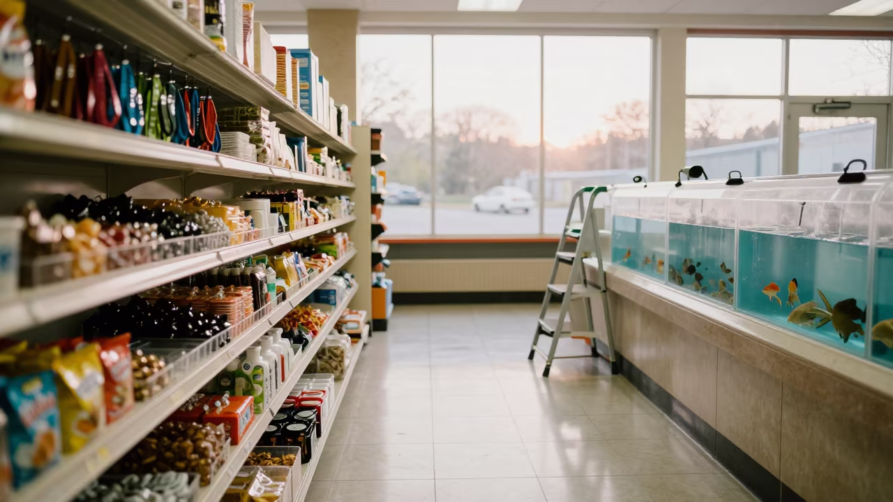 Pet Store Aisle at Dawn with Ladder and Leashes in inside a fish bagging counter zone near Kut