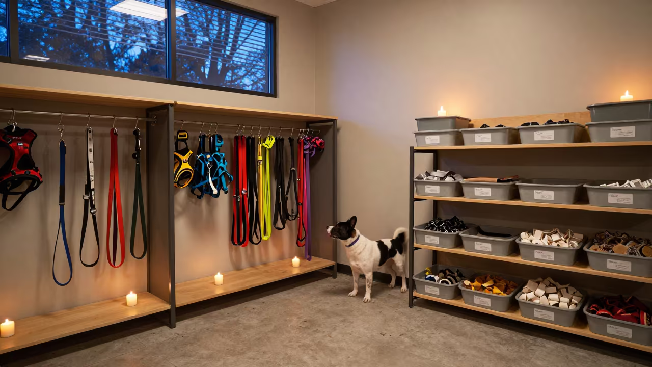 Pet Store Aisle with Leashes and Treat Bins in in a boarding kennel corridor near Desouk