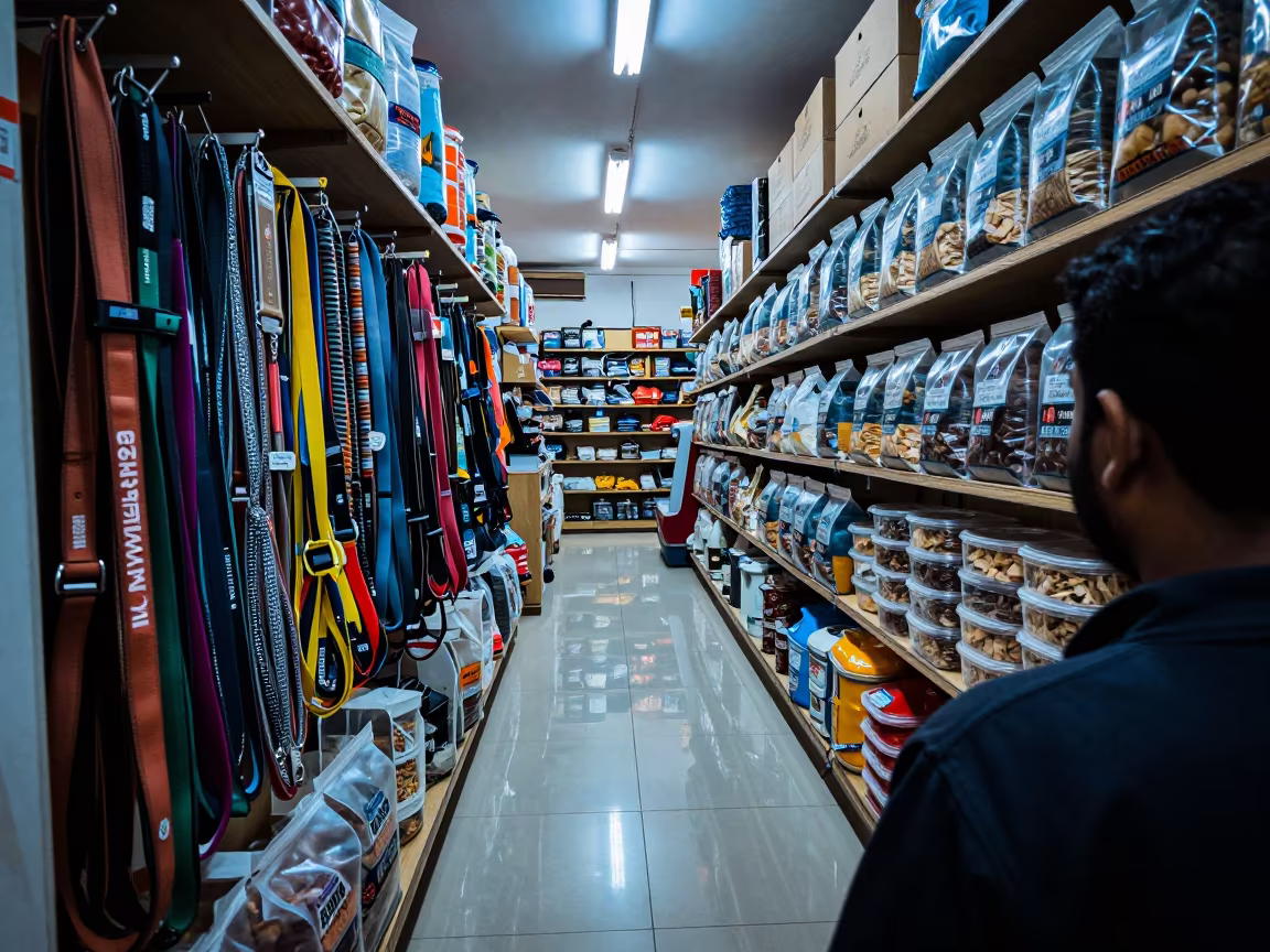 Pet Store Aisle Leashes Treats Blue Hour in inside a fish bagging counter zone in Gandhinagar