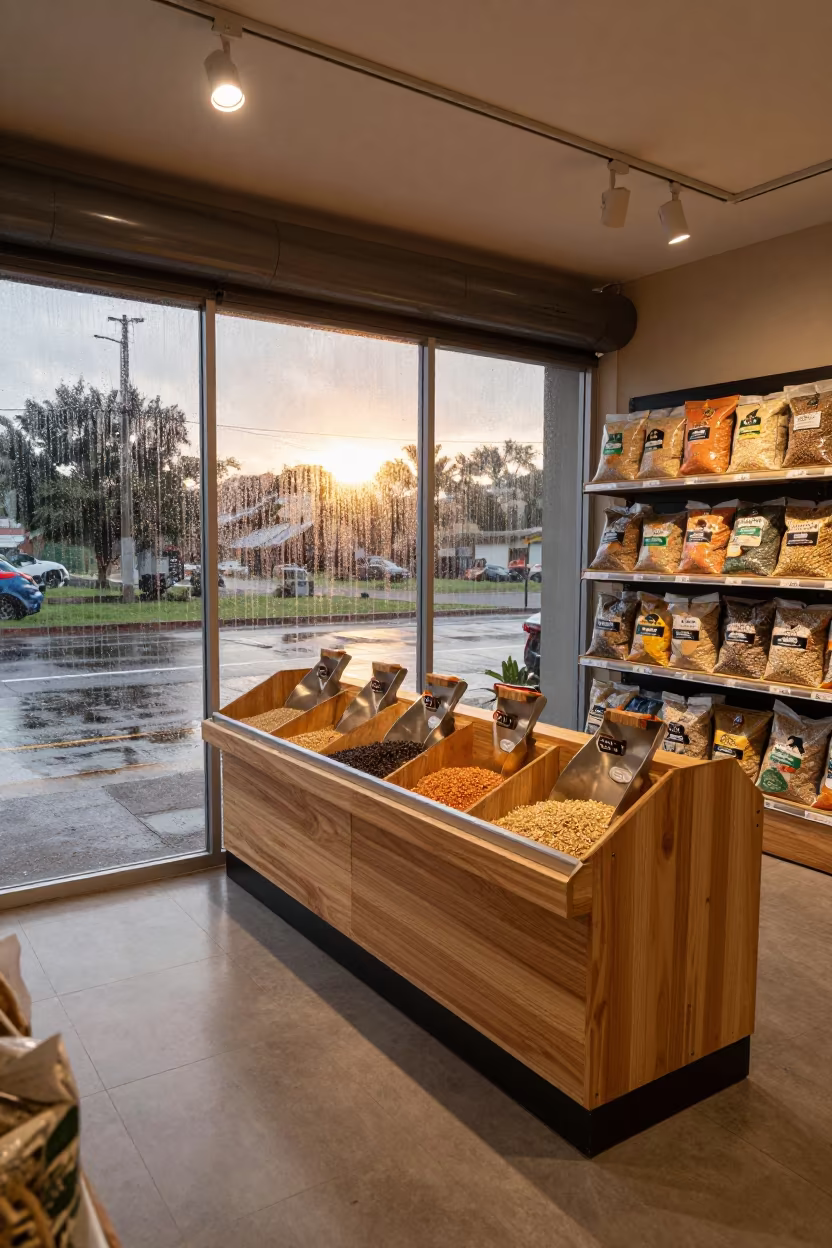 Pet Store Bird Seed Scoop Station Sunset Lobito in inside a pet store aisle in Lobito