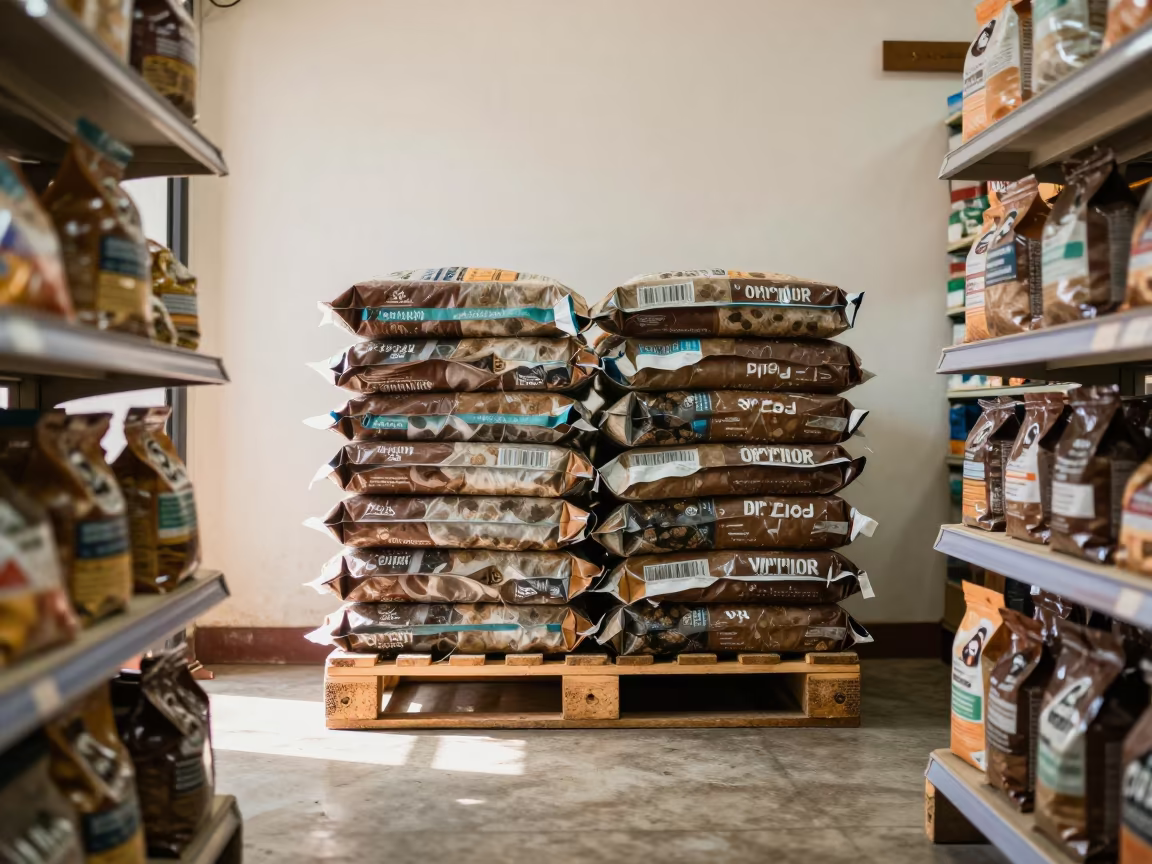 Pet Store Kibble Pallet in Juba Midmorning Light in inside a pet store aisle in Juba