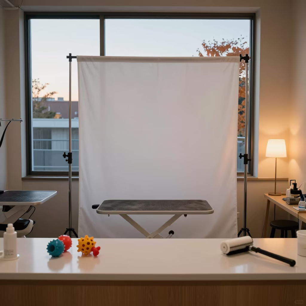 Pet Studio Backdrop with Squeaky Toys in Yokohama in inside a grooming bay in Yokohama