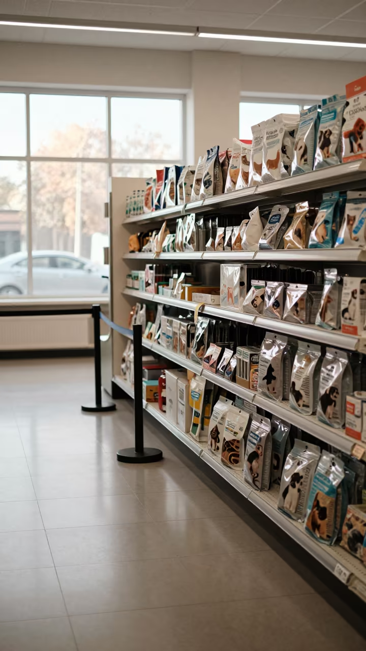 Pet Supplies Shelf Near Tether in Namangan Store in at a checkout lane under flat store light in Namangan