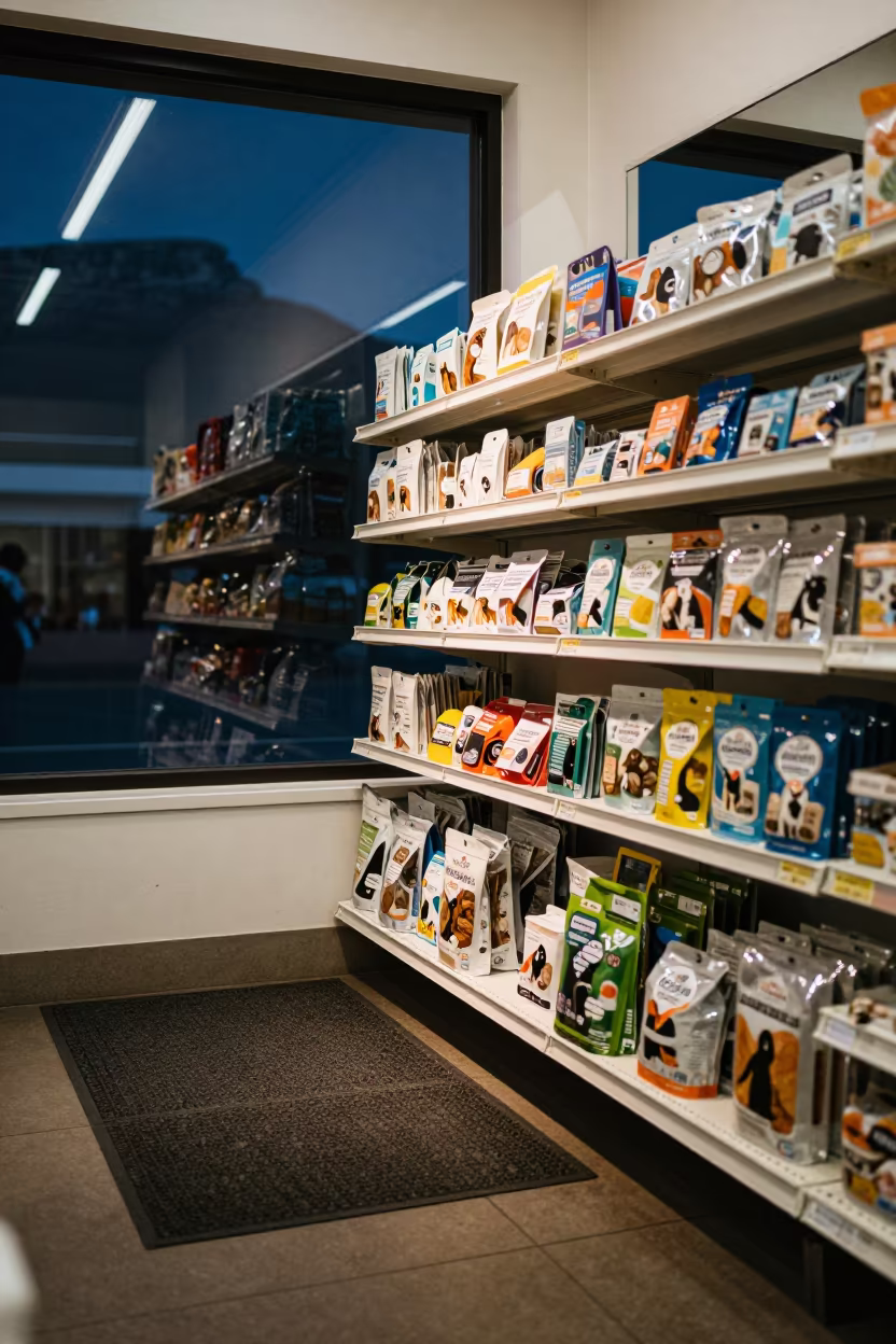 Pet Supplies Shelf Night Reflections Cape Town in at a checkout lane under flat store light in Cape Town