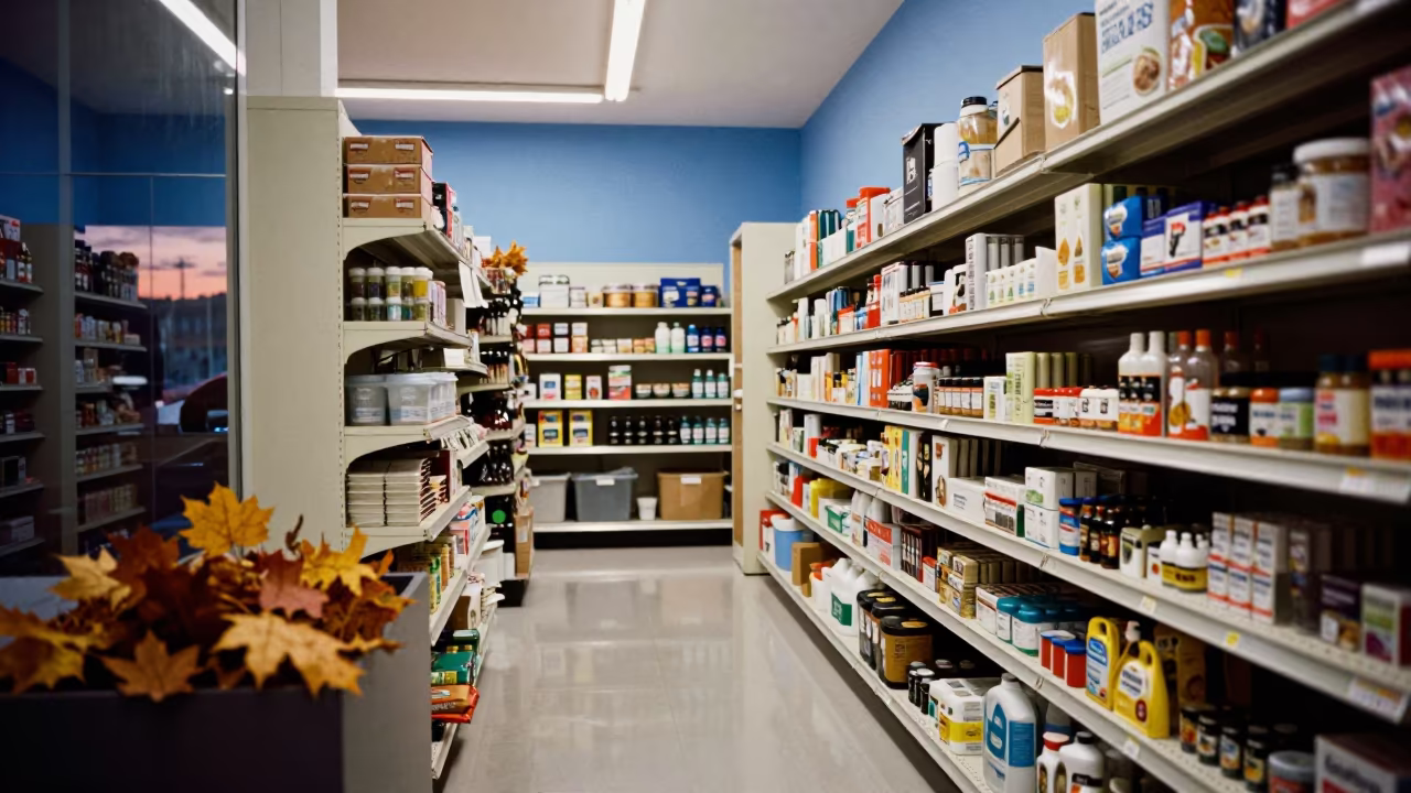 Pet Supplies on Shelves Under Winter Light in inside a stockroom behind the sales floor in Wroclaw