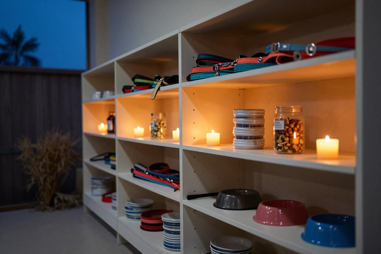 Pet Supplies on Stockroom Shelf in Candlelight in inside a stockroom behind the sales floor near Sheikhupura