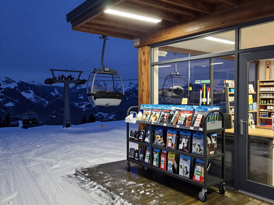 Pet Supply Gondola on Alpine Piste at Midnight in on an alpine piste at first light near Innsbruck