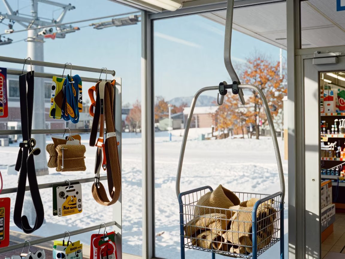Pet Supply Gondola Outside Sapporo Store in beside a lift tower above corduroy snow near Sapporo