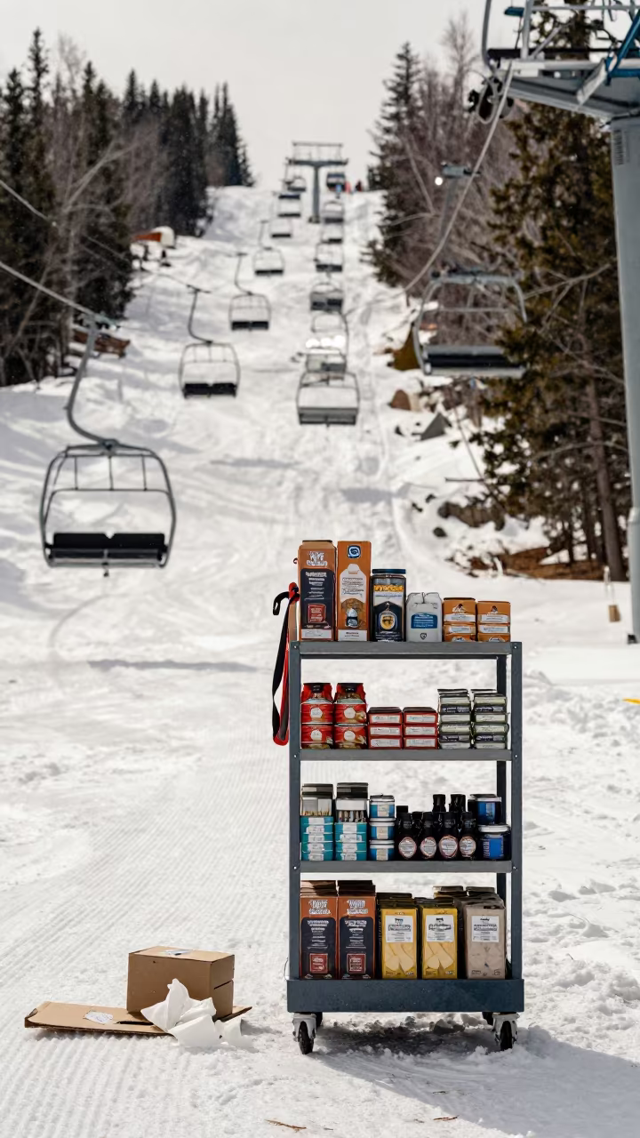 Pet Supply Gondola on Ski Slope Before Opening in on a groomed ski slope before opening near Banff