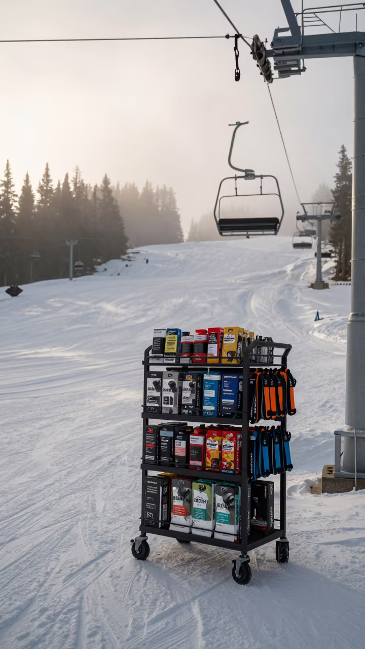 Pet Supply Gondola on Ski Slope at Dawn in on a groomed ski slope before opening near Banff