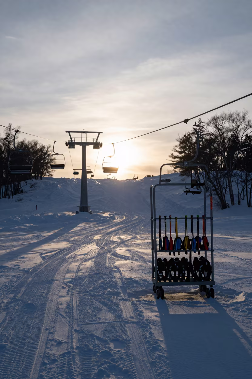Pet Supply Gondola on Ski Slope at Sunset in on a groomed ski slope before opening near Sapporo