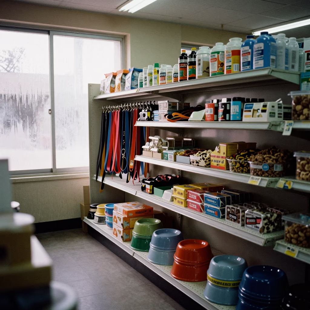 Pet Supply Shelf at Checkout Lane Bahawalpur in at a checkout lane under flat store light in Bahawalpur