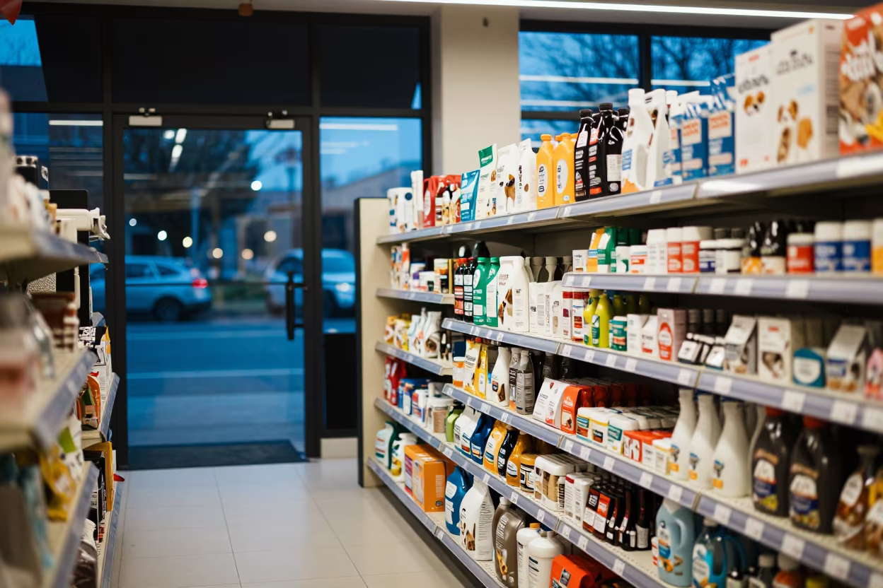 Pet Supply Shelf Checkout Lane Late Spring Twilight in at a checkout lane under flat store light near Az Zubayr