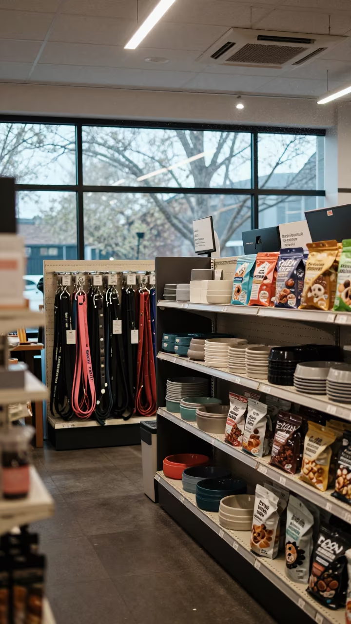 Pet Supply Shelf at Checkout Near Northcote in at a checkout lane under flat store light near Northcote, Melbourne