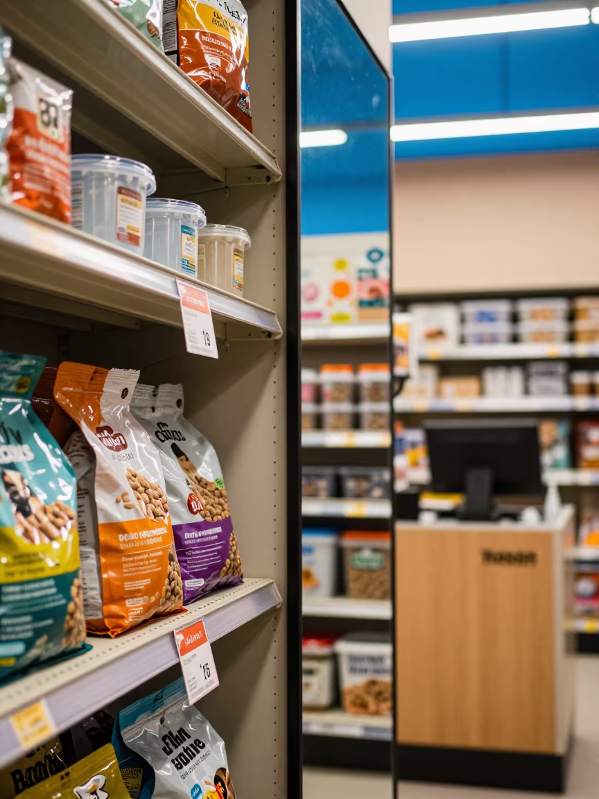 Pet Supply Shelf Detail in Cool Evening Light in at a checkout lane under flat store light near Rason