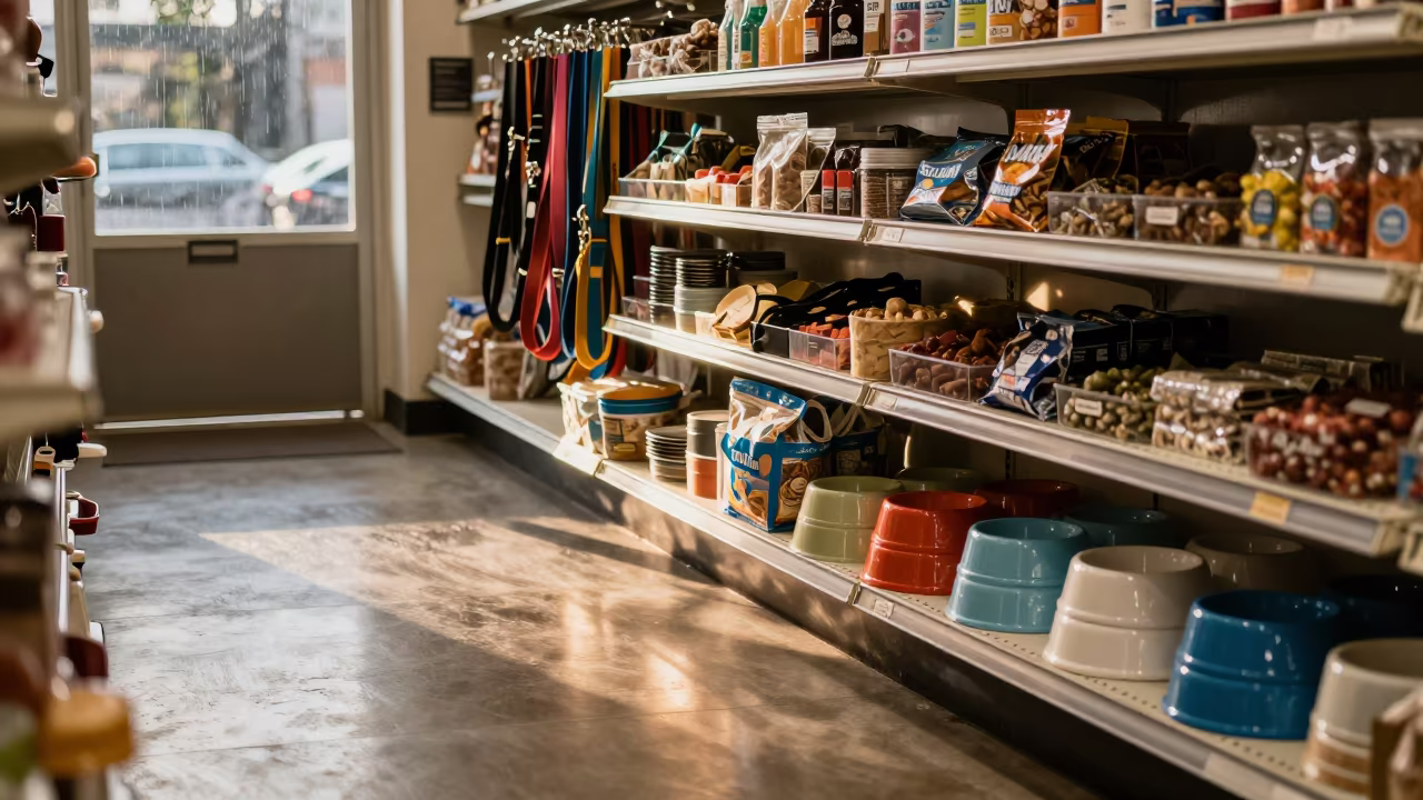 Pet Supply Shelf With Sunset Reflections in inside a bright retail aisle in Sullana