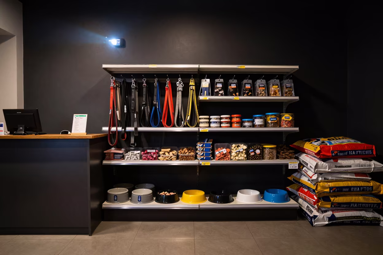 Pet Supply Shelves Late Night Windhoek Store in at a cash wrap counter with bags stacked nearby in Windhoek