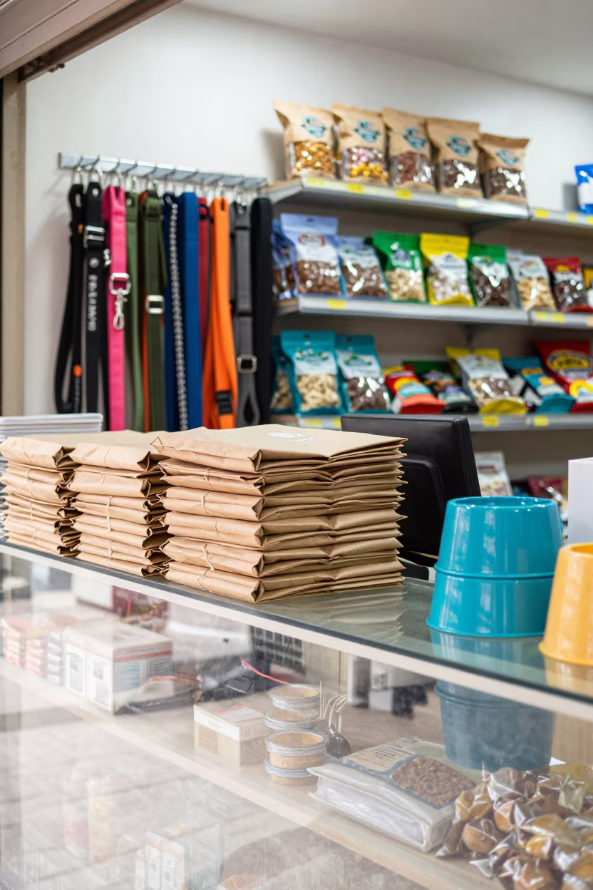 Pet Supply Shelves Multan Cash Wrap Midmorning in at a cash wrap counter with bags stacked nearby in Multan