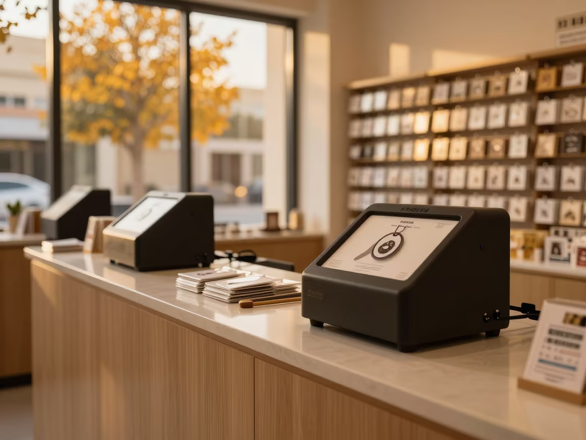 Pet Tag Engraving Counter in Golden Hour in inside a store aisle lined with shelf tags near Ajman
