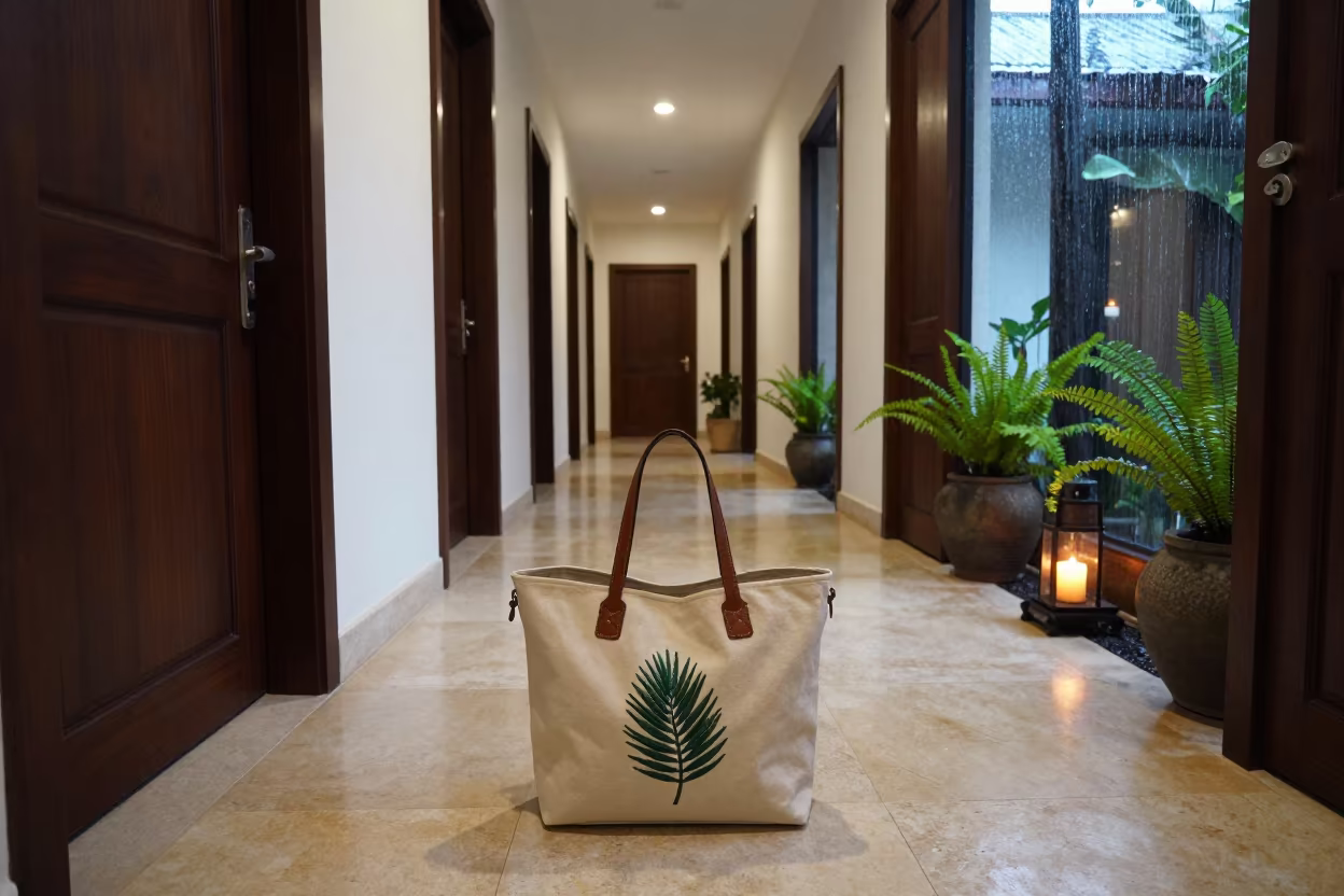 Pet Tote in Balinese Hotel Corridor in in a quiet guest corridor in Denpasar
