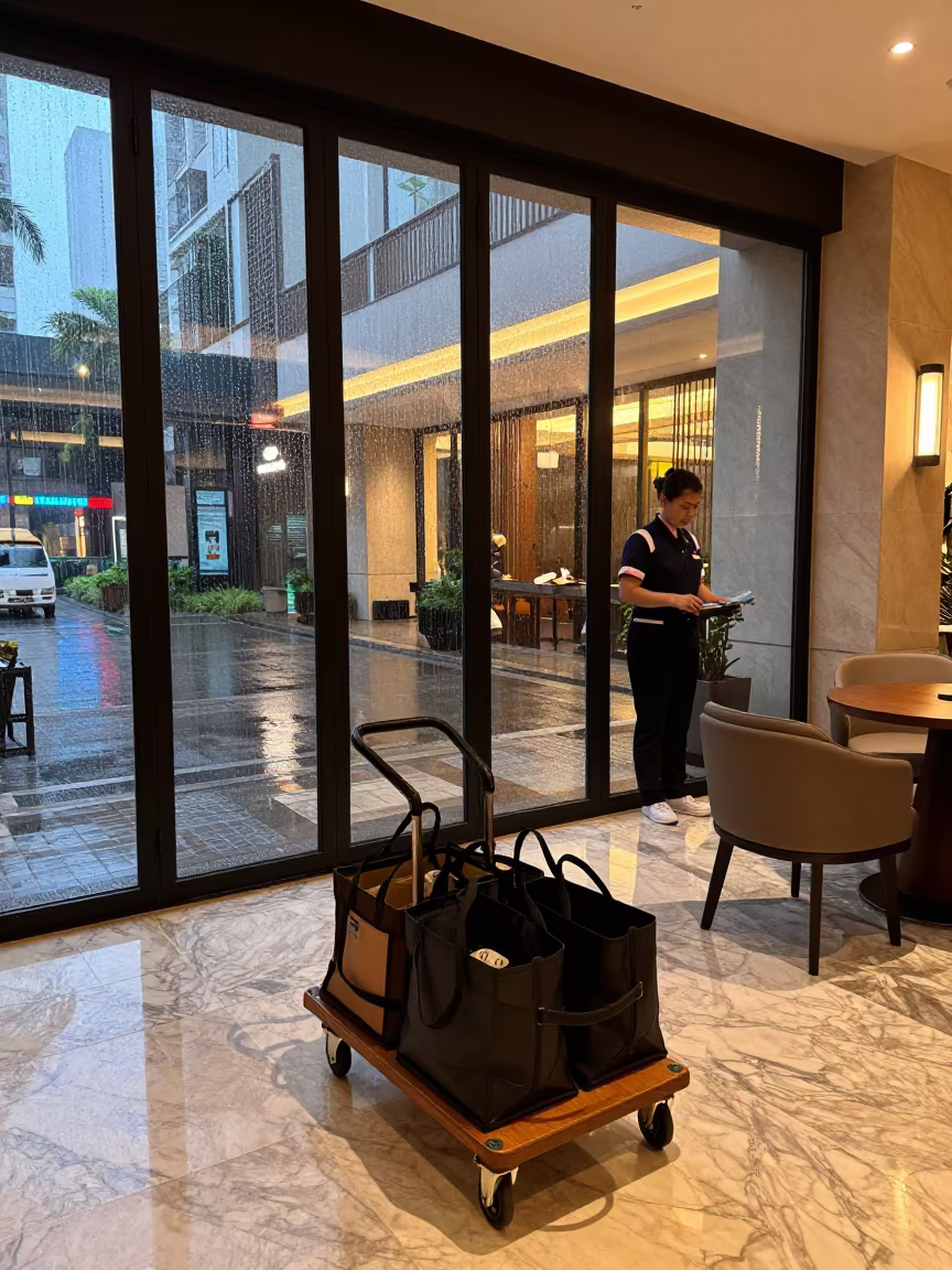 Pet Tote on Cart in Manila Lobby Pre-Dawn Neon in inside a hotel lobby near Ermita, Manila