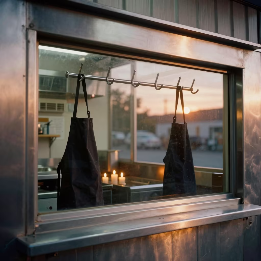 Pet Wash Apron Hook Rail Sunset Glow in inside a fish bagging counter zone in Houston