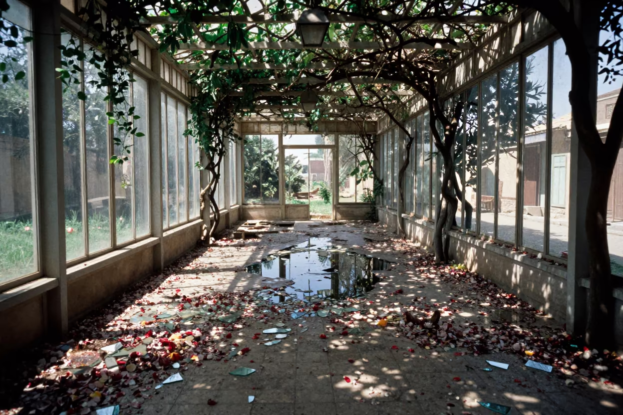 Petals and Glass in Vine-Choked Conservatory Ruin in along a vine-choked corridor near El Mahalla El Kubra