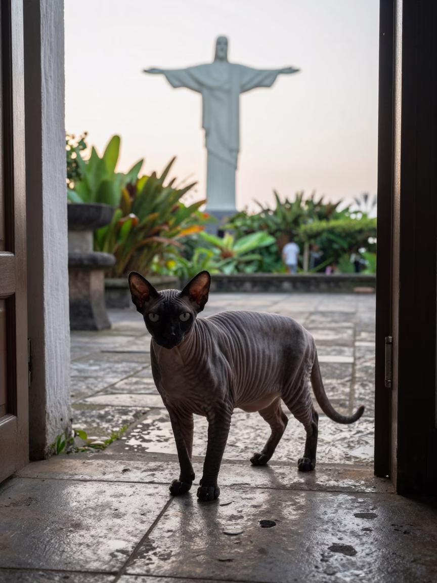 Peterbald Cat at Garden Edge in Gloria Rio in near a garden edge with soft morning light and an uncluttered background in Gloria, Rio de Janeiro