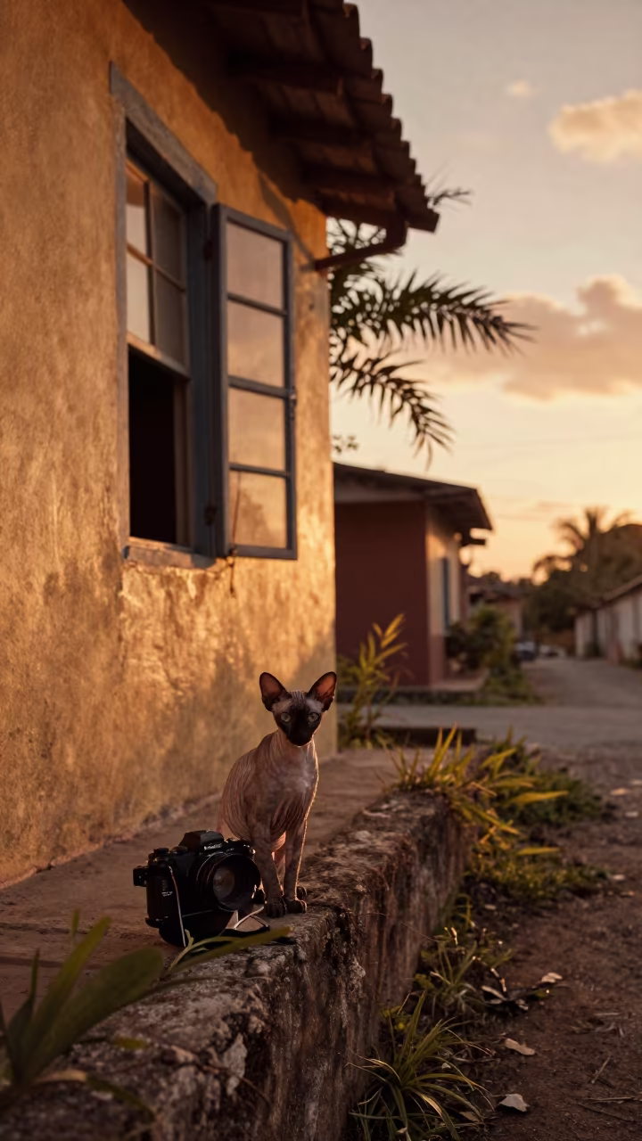 Peterbald Cat at Garden Edge in San Pedro in near a garden edge with soft morning light and an uncluttered background in San Pedro de Macorís