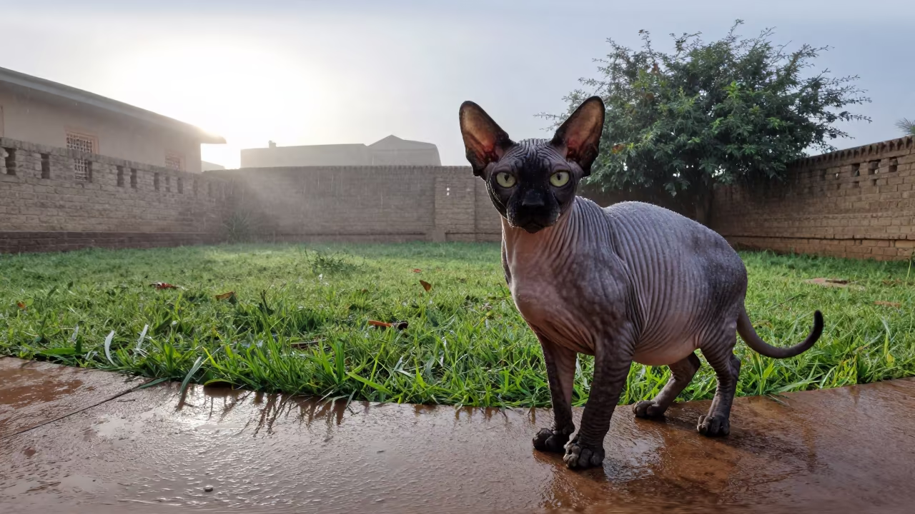 Peterbald Cat in Misty Dawn Light Omdurman in in a small yard with clipped grass, calm light, and the animal centered in frame near Omdurman