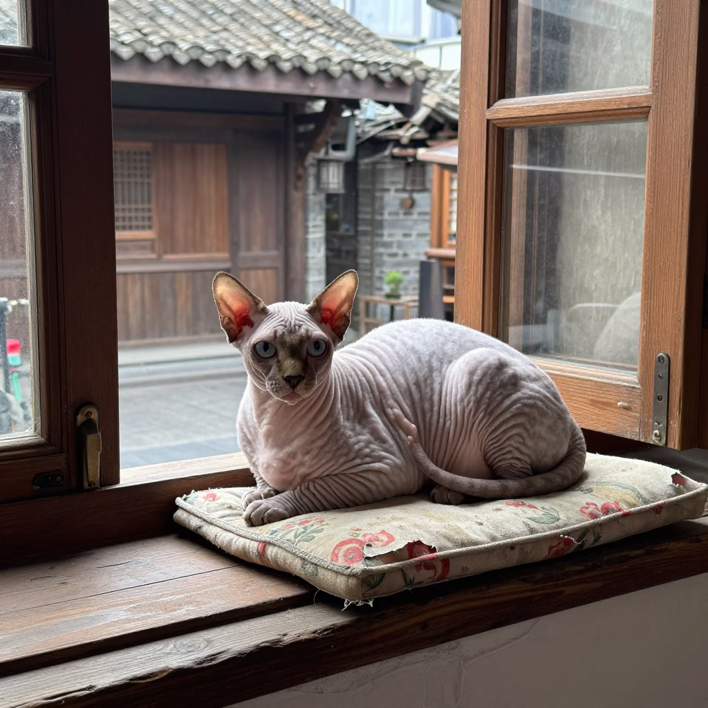 Peterbald Cat Lounging on Chengdu Window Seat in on a window seat in a quiet apartment with soft side light in Chengdu