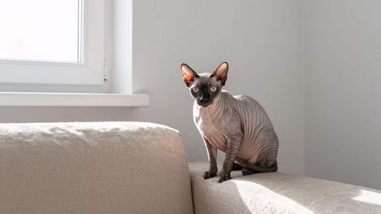 Peterbald Cat Lounging on Linen Sofa in Bytom in on a linen sofa with daylight from a nearby window near Bytom