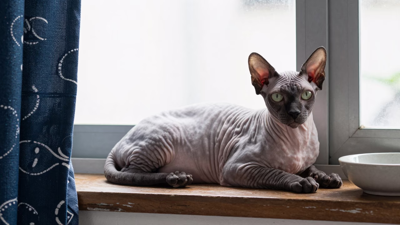Peterbald Cat Lounging on Window Seat in Kuala Terengganu in on a window seat in a quiet apartment with soft side light in Kuala Terengganu