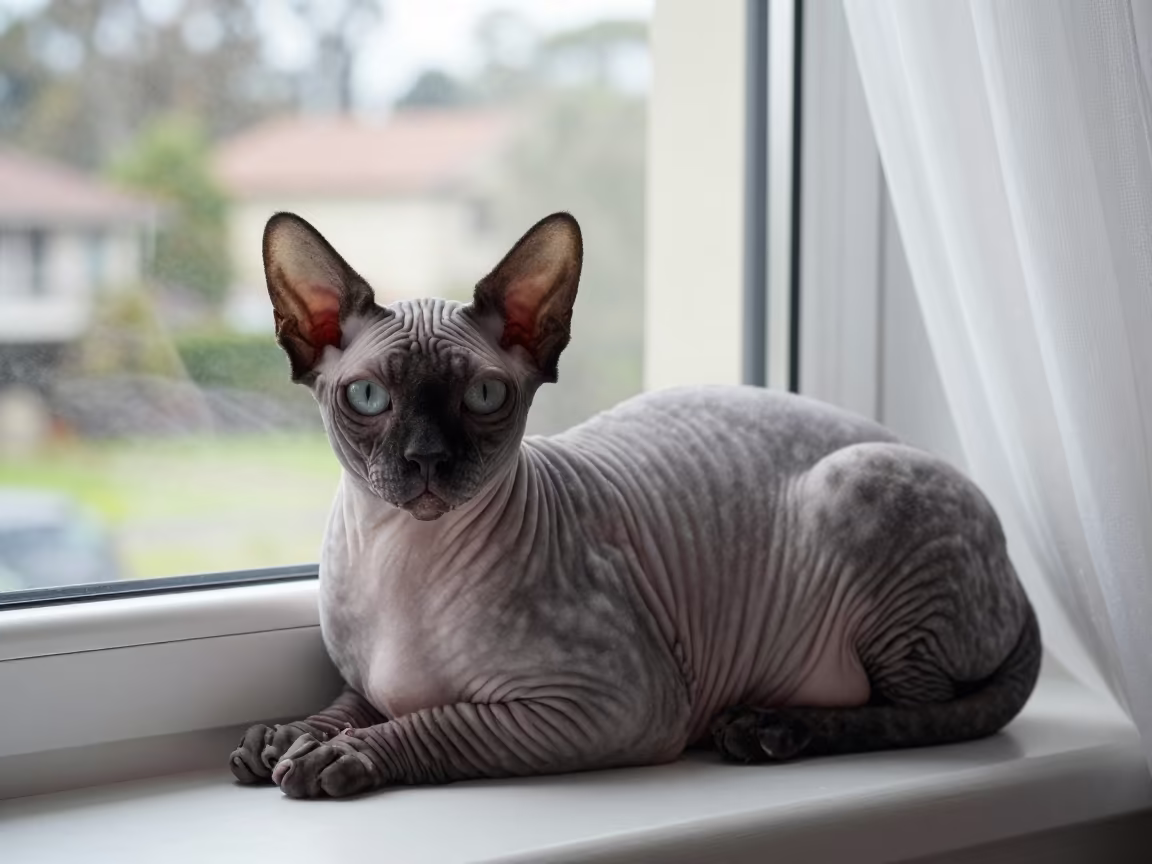 Peterbald Cat Lounging on Window Seat in on a window seat in a quiet apartment with soft side light in Melbourne