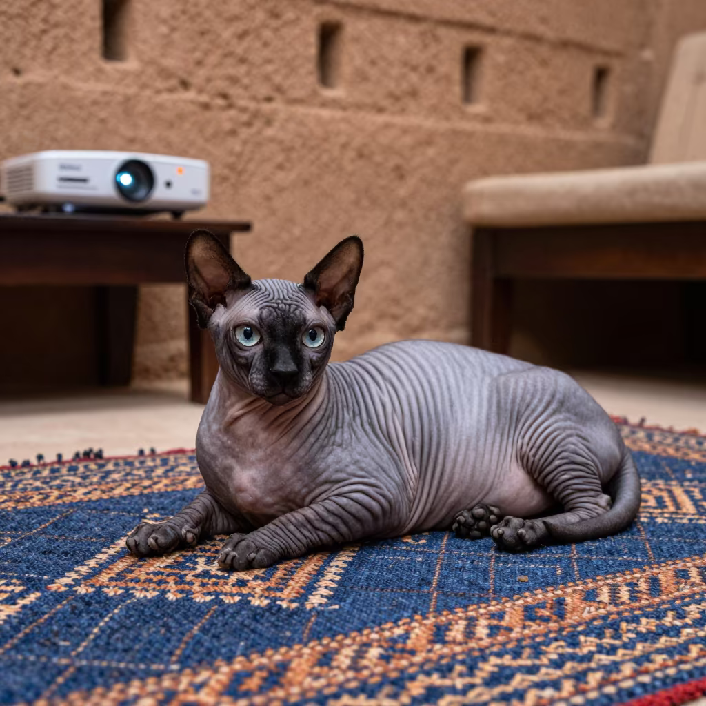 Peterbald Cat Lounging on Woven Rug in Ghardaia in on a woven rug beside a low couch and an uncluttered wall near Ghardaia