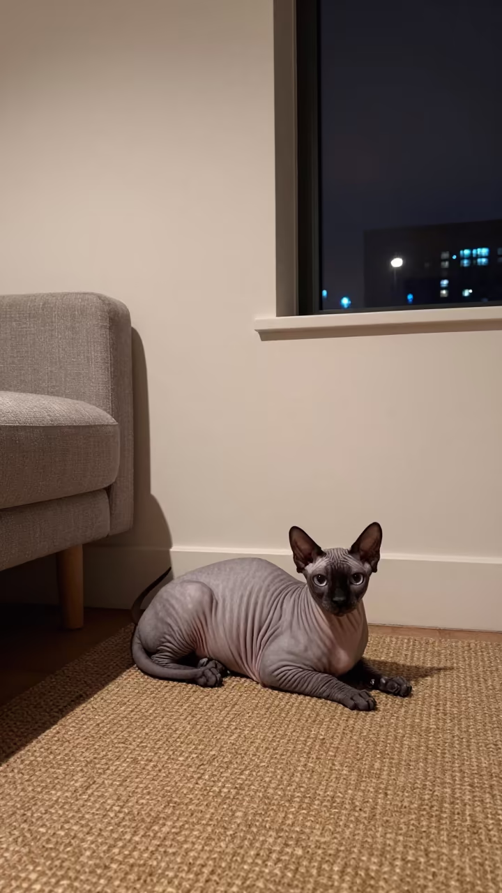 Peterbald Cat Lounging on Woven Rug in Wuhan Apartment in on a woven rug beside a low couch and an uncluttered wall near Wuhan