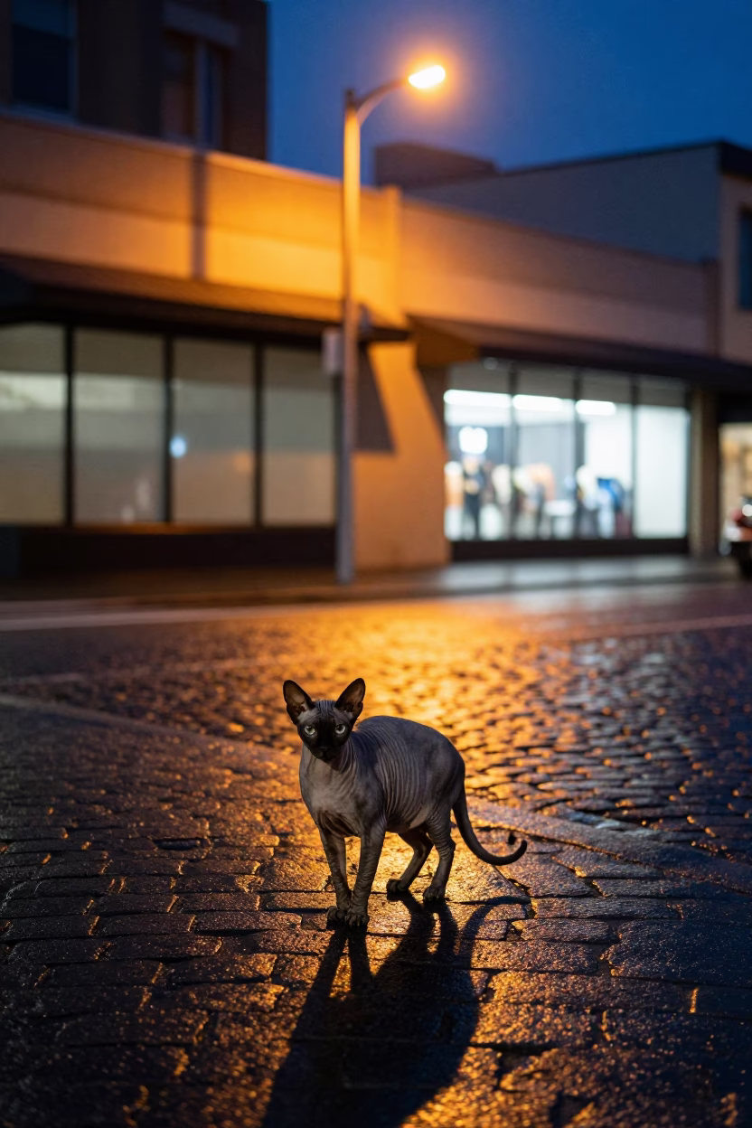 Peterbald cat on Hobart street corner under mixed city light after dark in in Hobart, Tasmania, Australia