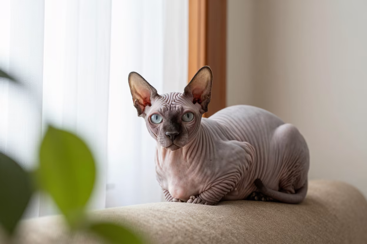 Peterbald Cat Portrait on Cordoba Sofa in on a sofa near a curtained window with calm indoor light in Cordoba Argentina